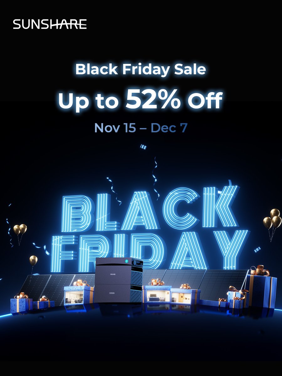 SunshareTech's tweet photo. 🎉Black Friday Starts Now! Get up to 52% OFF on Sunshare’s smart energy solutions and power your home for less. ⚡🏠
🗓 15 Nov – 7 Dec 2025
🔗 Learn more &amp; shop the sale: https://t.co/A2jQpsozox https://t.co/mpy1YKx4UM