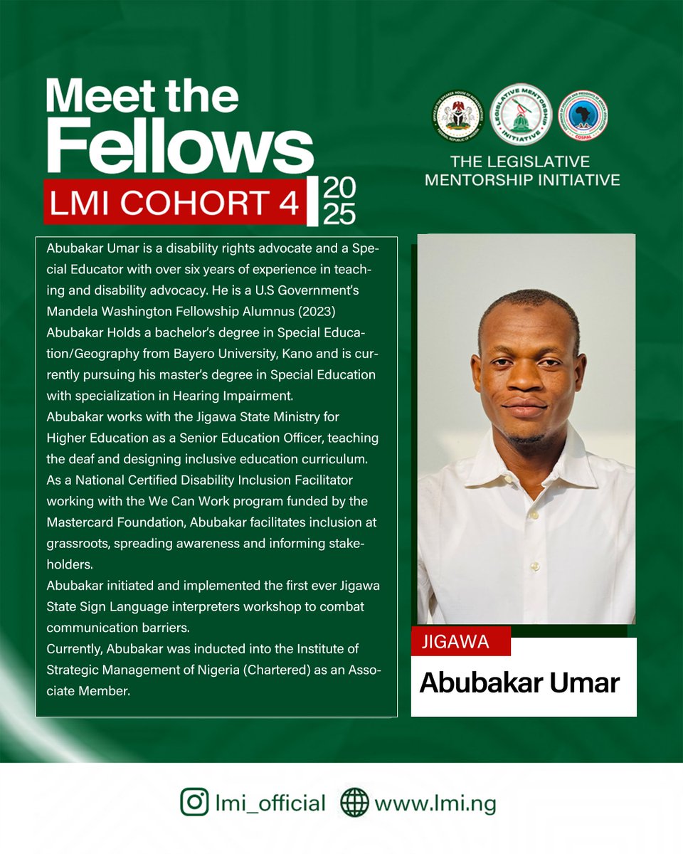 Officiallmi_Ng's tweet photo. Meet the FITs for the Legislative Mentorship Initiative, Cohort 4.
Abubakar Umar - Jigawa
Sabo Sarah - Kaduna
Aleeyah Sani - Kaduna
Shedrack Danladi - Kaduna
#LMI #CoSPAL #Cohort4 #LeadershipInAction #NationBuilding #FutureLeaders #GbajaFellows https://t.co/fTktHlHz14