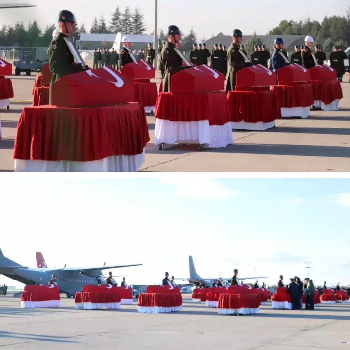 Azerbaycan'dan Türkiye'ye gelirken Gürcistan-Azerbaycan sınırında düşen askeri kargo uçağında şehit olan askerlerimizin naaşı, Ankara'da düzenlenen törenin ardından memleketlerine uğurlandı. Ruhları şad olsun.