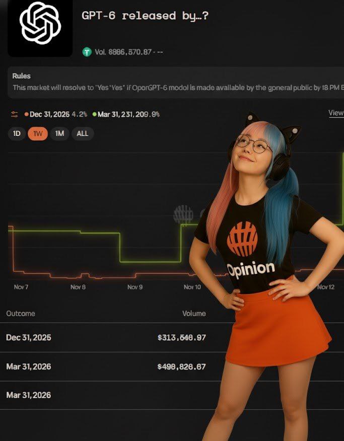 CryptoAiri's tweet image. GPT-6 ⚡ — coming or not?
Will OpenAI drop GPT-6 to the public by Dec 31, 2025? 
It’s not just hype — it’s data-backed speculation.
Markets are already talking: 4.2% today, 99.9% by March 31 👀
@opinionlabsxyz — where predictions turn into measurable insights 📊
#GPT6 #AI #OpenAI