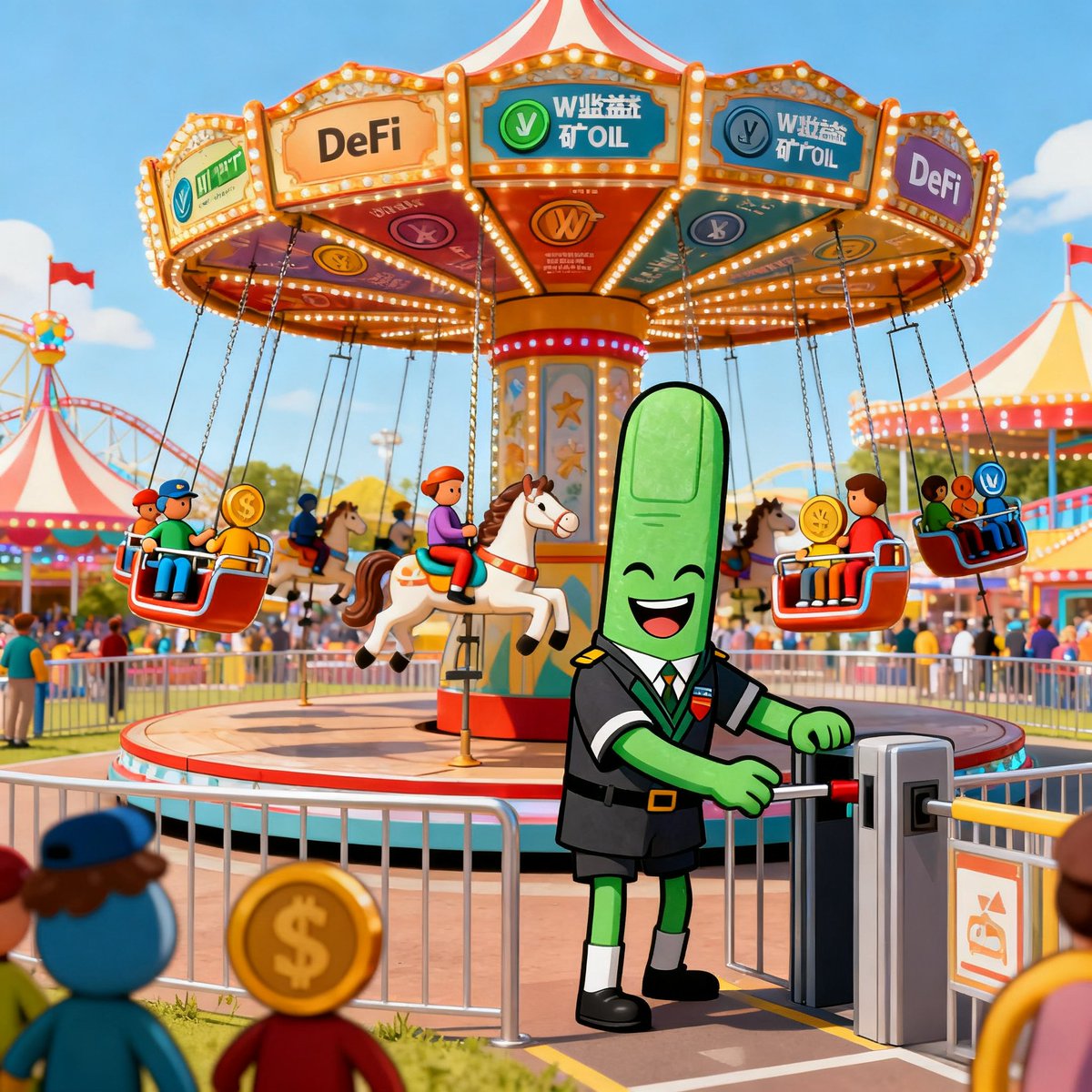 one__meme's tweet photo. 🎡DeFi Amusement Park～https://t.co/TYQHgowNqb Brother Takes You for a Ride on the “Yield Carousel”—This Is the Fun Crypto Should Be About!
🎠USD-pegged coins, mining, RWA, stablecoins, and MEME coins are all waiting for you to interact with them! 
🎠Which track will you choose to race on?
#DeFiMemes #CryptoFun #Web3AmusementPark #Web3Carnival