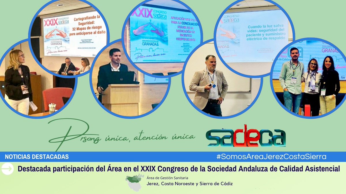 🌟Participación destacada de <a href="/ags_nortecadiz/">AGS Jerez, Costa Noroeste y Sierra de Cádiz</a> en XXIX Congreso #SADECA en Granada

🏆Tres comunicaciones del Área reconocidas por <a href="/sadecaandalucia/">Sadeca - Sociedad Andaluza de Calidad Asistencial</a> entre las mejores (🔗acortar.link/yAi95E) ¡Enhorabuena!

#SomosAreaJerezCostaSierra 
#CalidadAsistencial #SeguridaddelPaciente