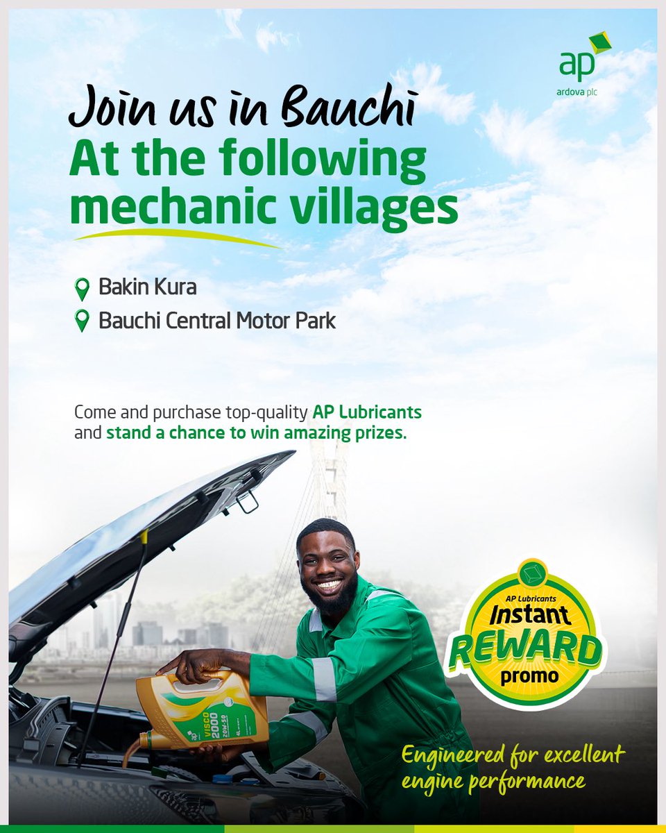 ardovaplc's tweet image. Bauchi, we are in your city!

join us at the following mechanic villages today:

Bakin Kura 
Bauchi Central Motor Park

Don’t miss the opportunity to win amazing gift items!

#APLubricantScratchAndWinPromo
#Visco2000
#APLubricants
#Bauchi 
#RewardingEveryPurchase