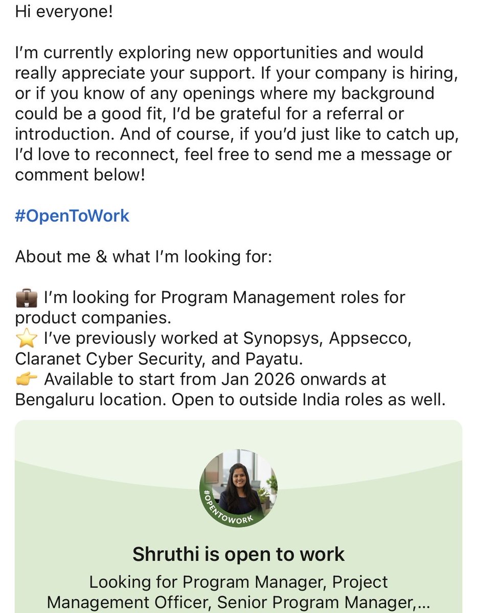 Using this tweet to try my luck. 

On a look out for security program manager roles in a mid-large sized product company in Bengaluru and available to start from Jan 2026. Please retweet for visibility or dm if you have any leads.