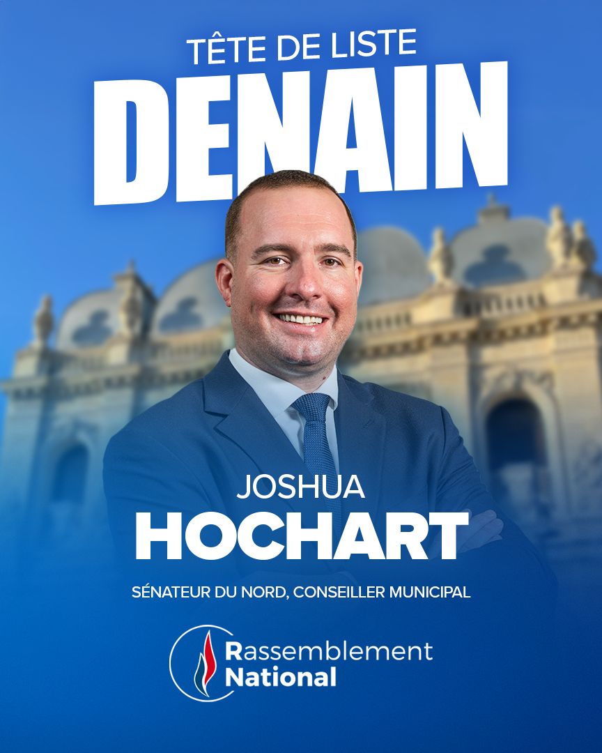 🔵 À Denain, <a href="/joshuaHochart/">Joshua Hochart</a> portera les couleurs du Rassemblement National !

Sénateur RN du Nord et conseiller municipal depuis 2020, élu aux côtés de <a href="/sebchenu/">Sébastien Chenu</a>, il incarne l’alternance après plus de 70 ans de gestion socialo-communiste.

Ville ouvrière de caractère fort, Denain
