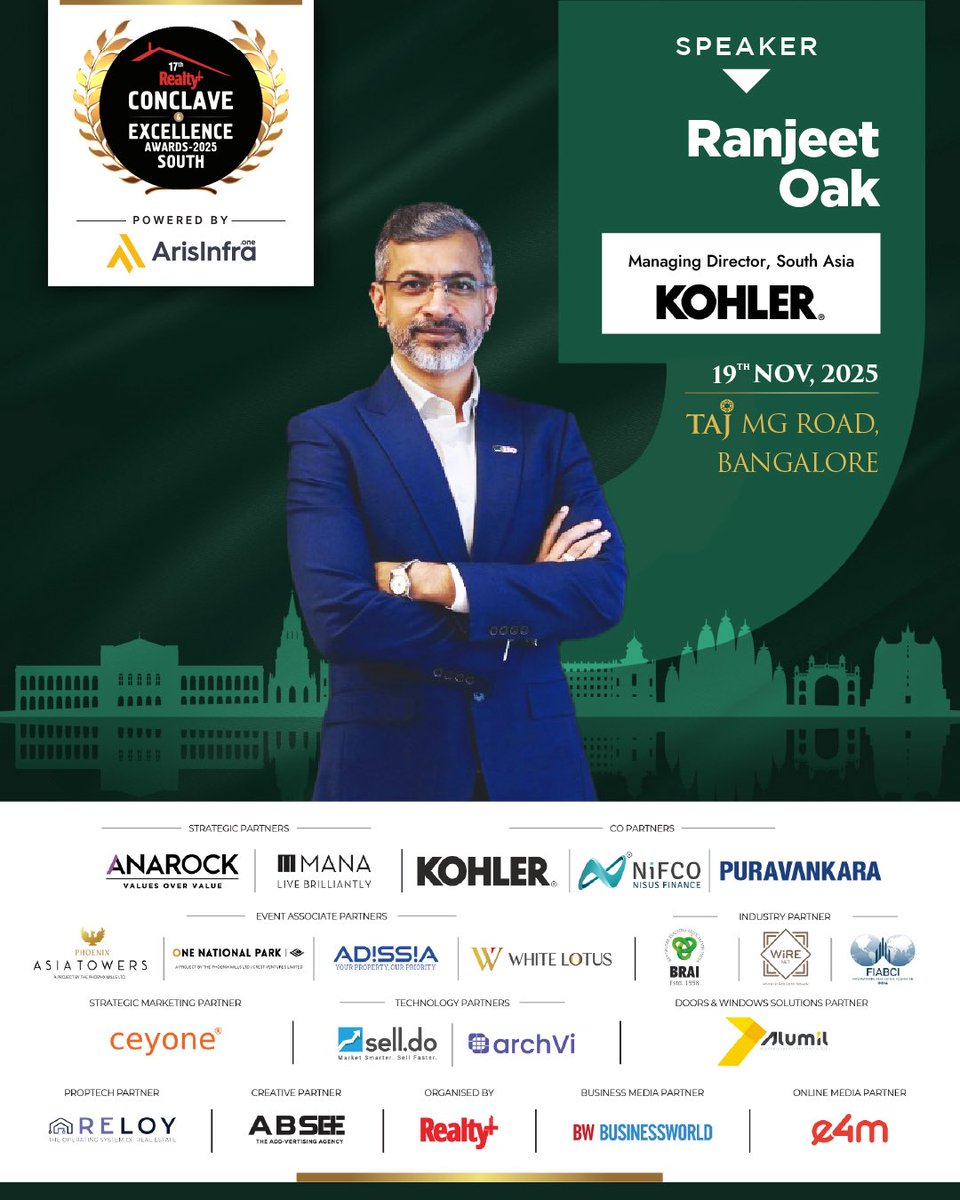 RPRealtyPlus's tweet image. Ranjeet Oak, Managing Director – South Asia, KOHLER, joins the 17th Realty+ Conclave &amp;amp; Excellence Awards 2025 – South!

📅 19 Nov 2025
📍 TAJ MG ROAD, Bangalore

🔗 Secure your seats: bit.ly/4mWHIxn

#RealtyPlus #RealtyPlusSouth #Kohler #RealEstate #BangaloreEvents