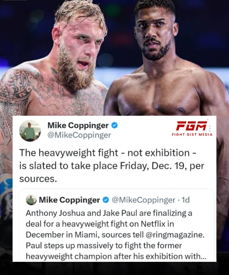 Fightgistmedia's tweet image. IT&apos;S ON!

Jake Paul vs. Anthony Joshua is a done deal and will take place on December 19th as a heavyweight bout and will be streamed on Netflix.

The fight will go on both boxers record as a professional bout, it will not be an exhibition.

Who you got?
.
#Boxing #PaulJoshua