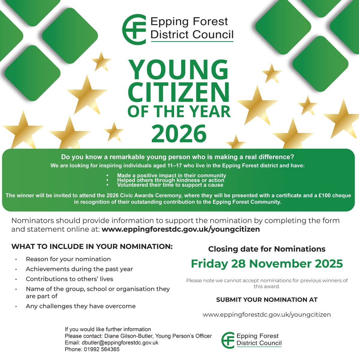Do you know an amazing young person who is making a difference in the community?
See attached poster and EFDC website.
Its time to nominate !!! for YOUNG CITIZEN OF THE YEAR  🤩