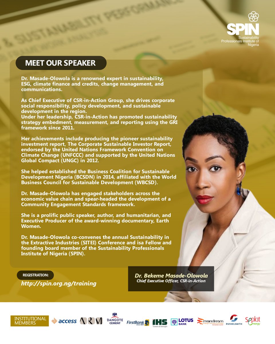 We are pleased to introduce <a href="/BekemeMasade/">Bekeme Masade-Olowola</a> as one of the speakers for our webinar.

As CEO of CSR-in-Action Group, she has led ESG integration, sustainability reporting and stakeholder engagement across Nigeria for more than a decade.

Free registration: spin.org.ng/issb-adoption-…