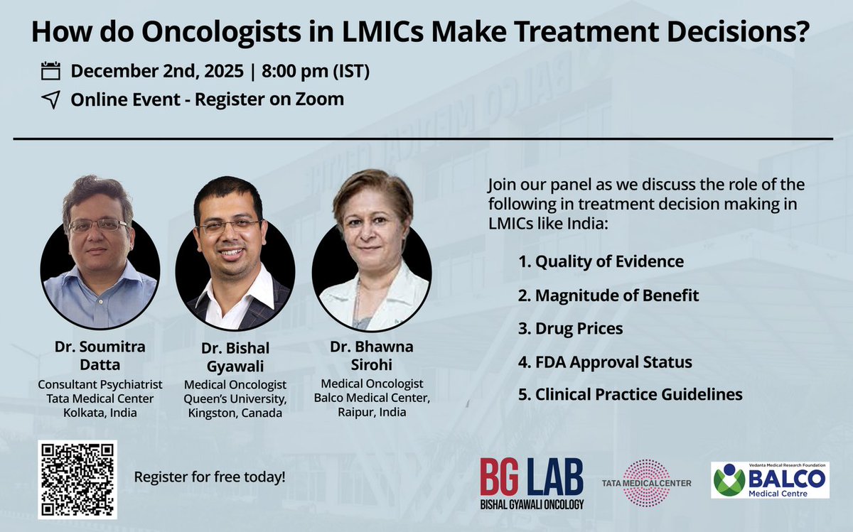 Join <a href="/oncology_bg/">Bishal Gyawali, MD, PhD, FASCO</a> and colleagues as they discuss quality of evidence, magnitude of benefit, drug prices, FDA approval status and clinical practice guidelines for oncologists in LMICs like India.

oncologybg.com/2025/10/26/web…

<a href="/OncoAlert/">OncoAlert</a> #OncoAlert