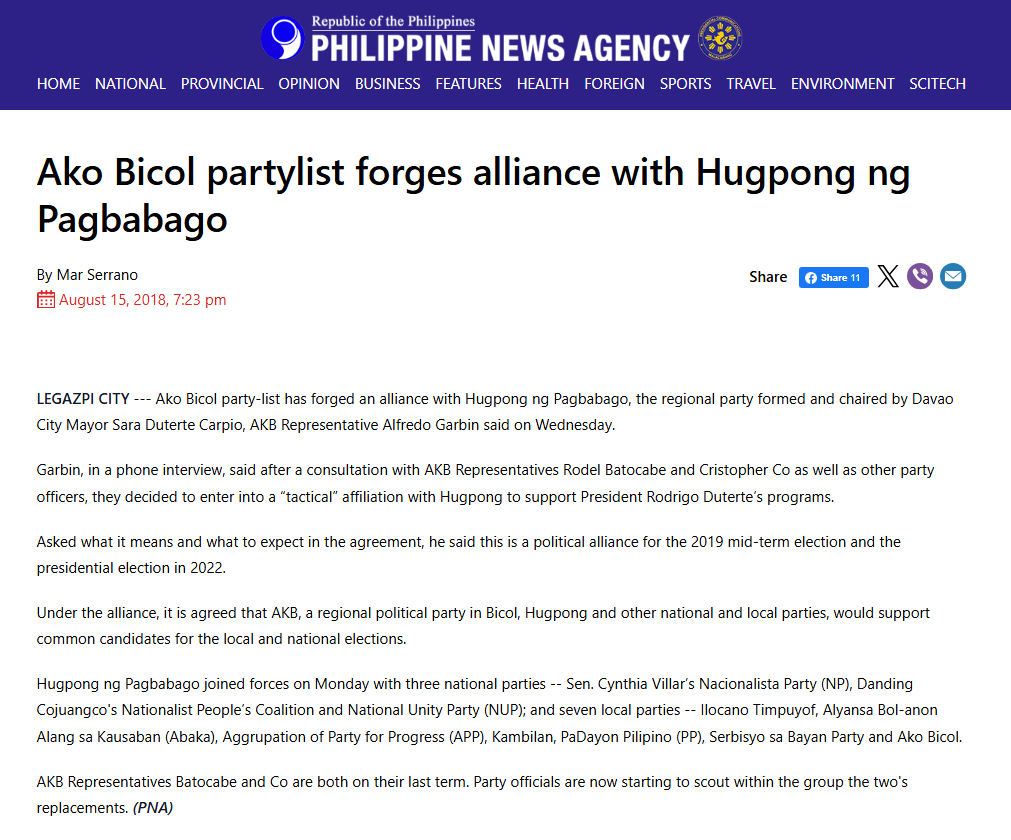 Huwag magpabudol kina Zaldy Co at Sara Duterte. 2018 pa, magkaalyado na sila. Ako Bicol at Hugpong ng Pagbabago.