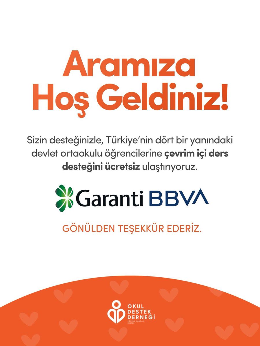 Derneğimize verdiğiniz destekle daha fazla devlet ortaokulu öğrencisi 2025–2026 döneminde ücretsiz çevrim içi ders desteğimizden faydalanacak.

Birlikte daha büyük başarılara imza atmak dileğiyle, eğitime verdiğiniz destek için teşekkür ederiz.

<a href="/GarantiBBVA/">Garanti BBVA</a> 💚