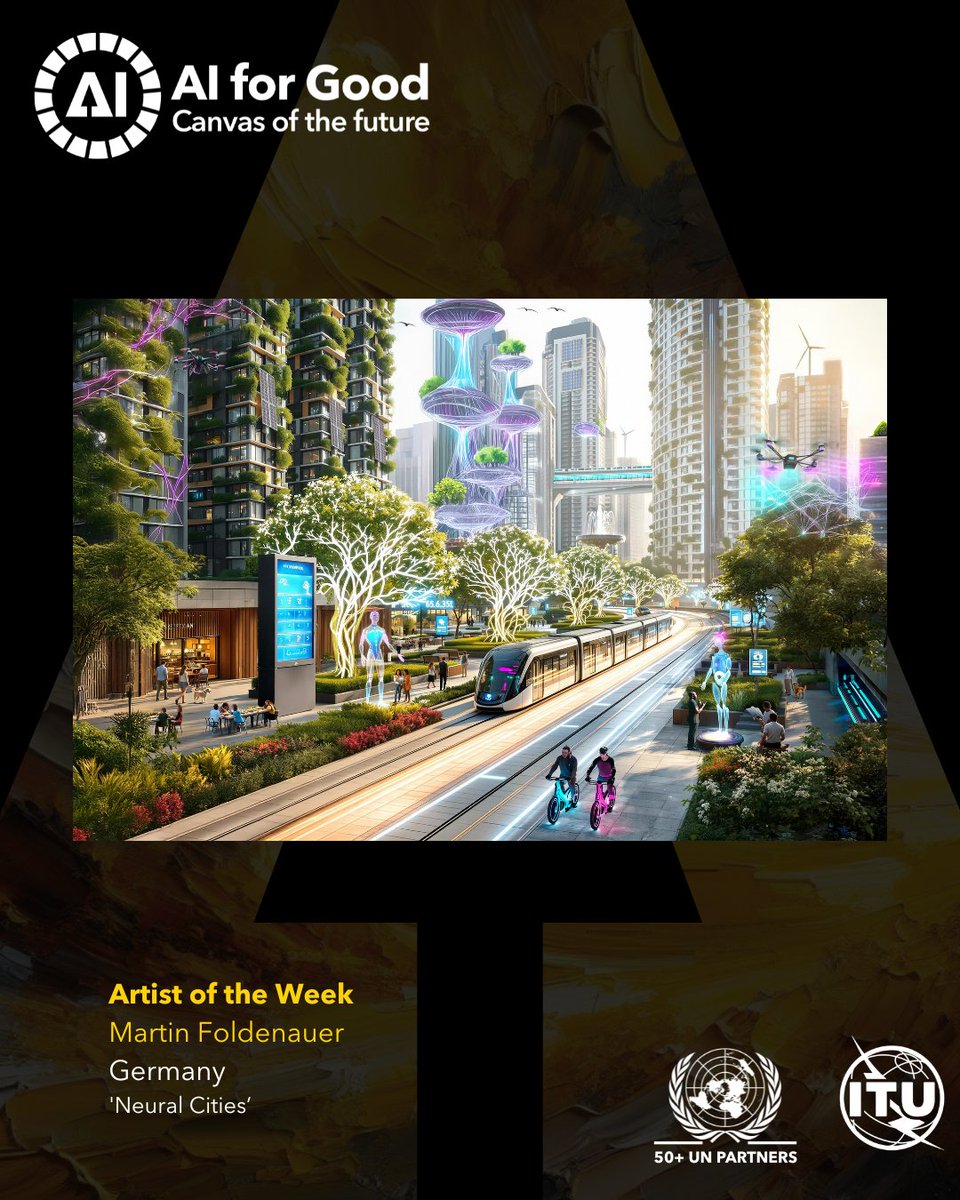 AIforGood's tweet image. Excited to spotlight this week&apos;s #CanvasoftheFuture shortlisted #AI artwork, &quot;Neural Cities&quot; by Martin Foldenauer from Germany. 

This piece envisions a future where neural light networks and autonomous electric trams blend seamlessly into modern urban design - a world where…