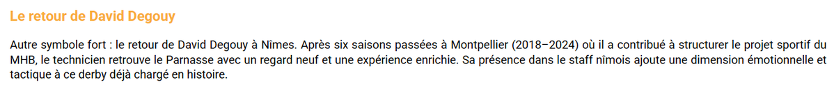BREAKING NEWS : 
David Degouy retrouvera le Parnasse samedi.... après l'avoir quitté vendredi après l'entrainement...

C'est bien d'écrire à l'IA, ça coûte sans doute moins cher qu'un stagiaire (et encore), mais faut relire pour qu'on comprenne quelque chose quand même non ?