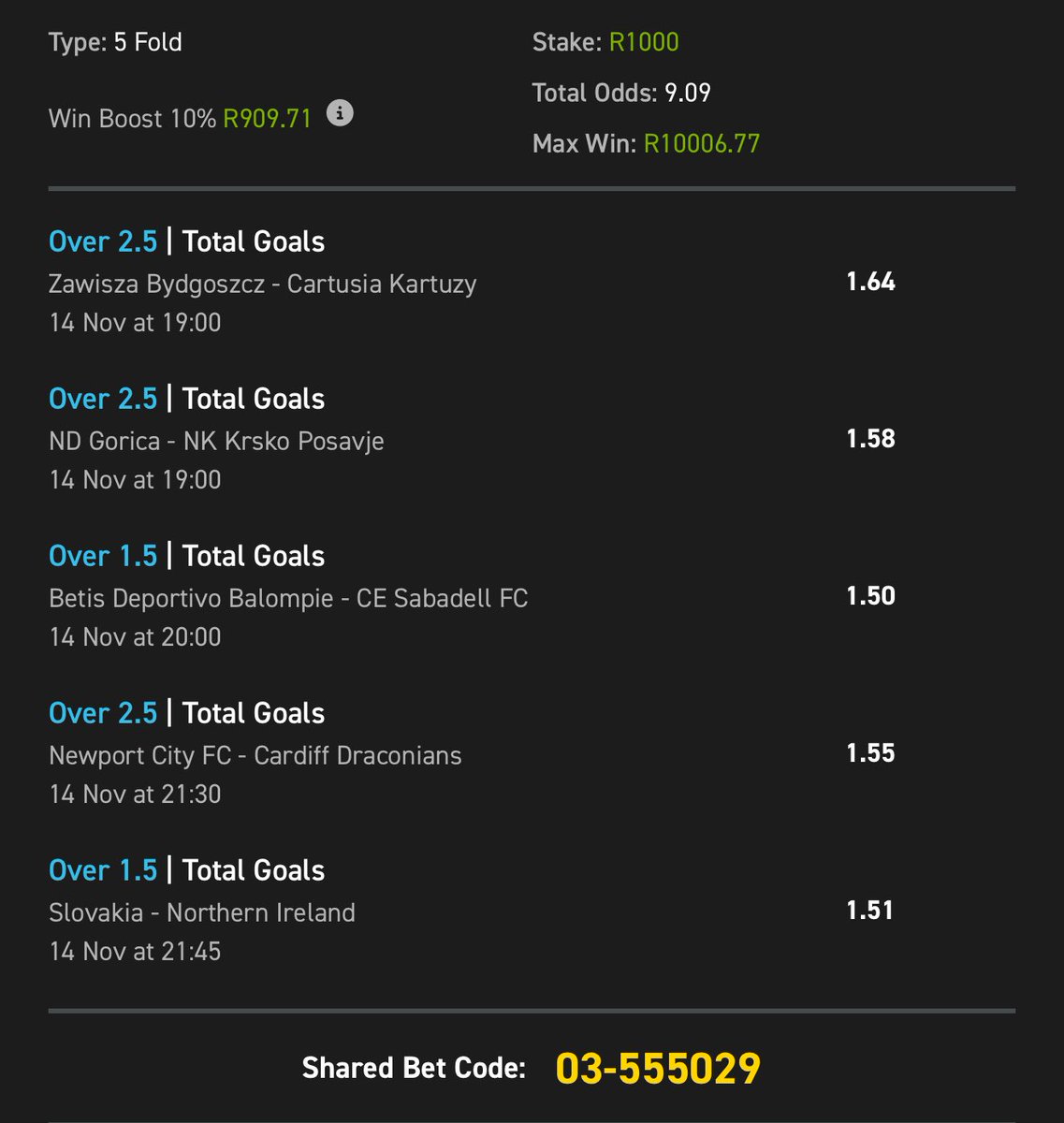 Total goals with <a href="/Easybet_SA/">Easybet South Africa</a> ✌️

Booking code : 03-555029

Odds : 9 plus   🦻🏼

Betslip link: easybet.co.za/sports?bookedB…

Not yet on easybet 🦻🏼? You Missing out big! 💛

Join easybet here: ebpartners.click/o/65n4N2?lpage…

⚡️Get R50 sign up bonus + 25 Bonus Spins, 150% first deposit match