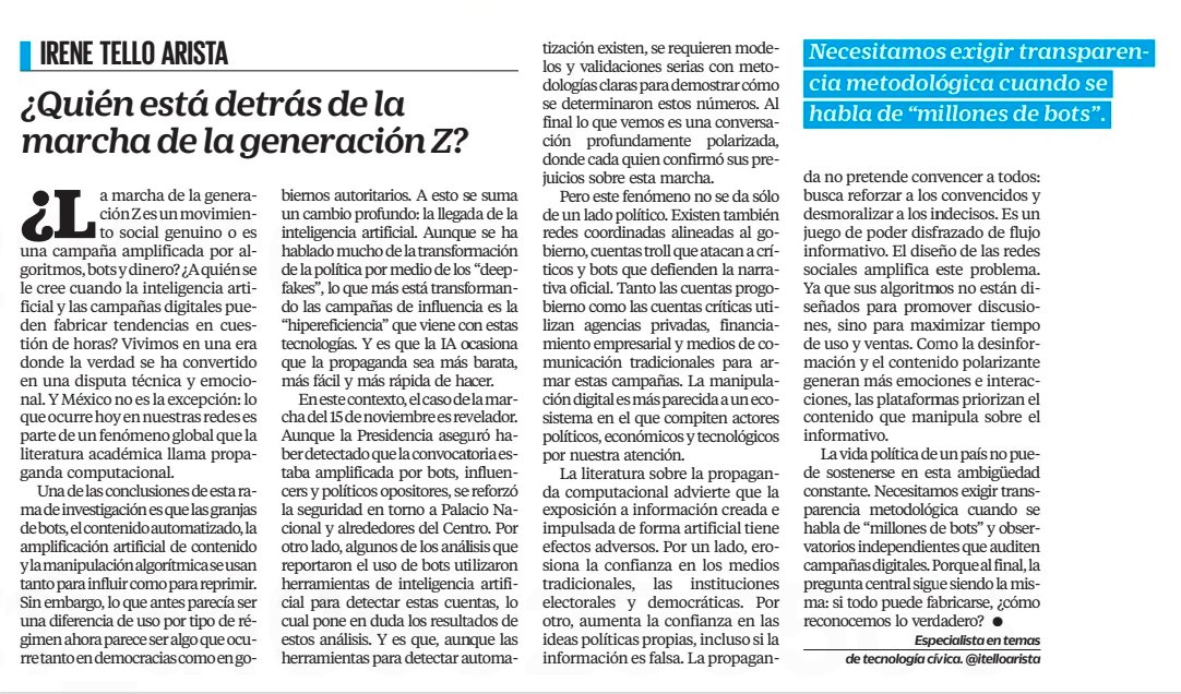 itelloarista's tweet photo. ¿La marcha de la #GeneraciónZ es una genuina movilización de los jóvenes mexicanos o una campaña digitalmente amplificada y promovida por actores con intereses políticos? 

Ambas cosas pueden ser ciertas. Hoy analizo el tema en @El_Universal_Mx 

#15deNov

https://t.co/q0X7ddhqCD https://t.co/S9L5Kf5ABM