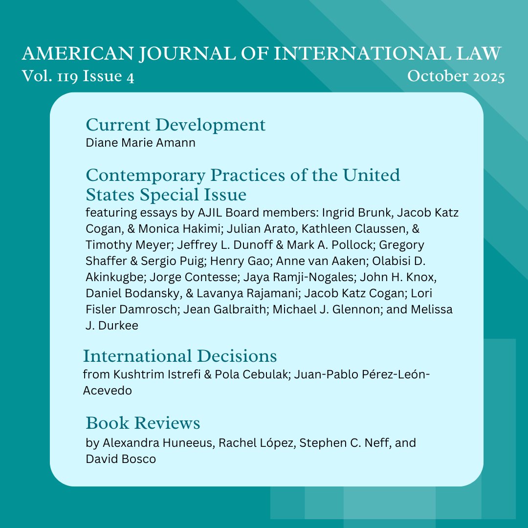 AJIL_andUnbound's tweet image. The October issue of AJIL is now available online! This issue places special focus on the CPUS section, where members of the Board have written essays on the various policies and changes under the second Trump administration. cambridge.org/core/journals/…