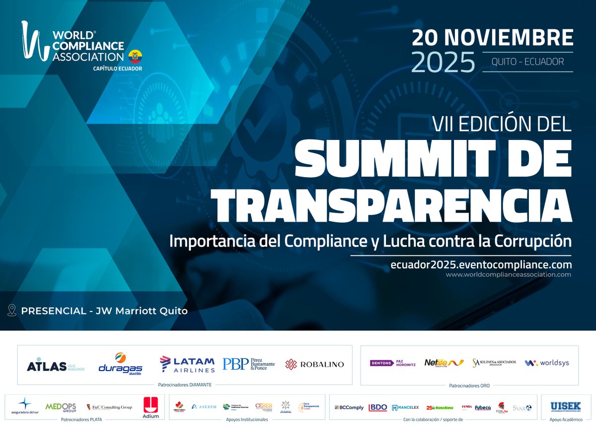 La UISEK, como miembro del Directorio de la #WCA Ecuador, invita al VII Summit de Transparencia, el evento clave en compliance y anticorrupción.
🎓 Descuentos para alumnos y alumni UISEK.

Más información e inscripciones: ecuador2025.eventocompliance.com/index_v3.php
