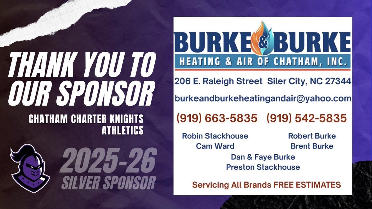 Supporting Chatham Charter Athletics as a Silver Sponsor, Burke &amp; Burke Heating and Air bring the same reliability and dedication to our Knights that they bring to every home and business they serve. Their commitment helps our athletes thrive both on and off the field. ⚔️
