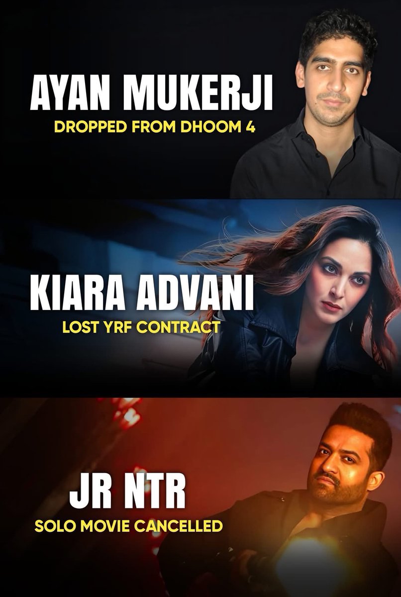 PanIndiaReview's tweet image. Rumoured - Negative Impact of #War2 :

1.Ayan Mukerji : Dropped from much awaited Project #Dhoom4.

2.Kiara Advani : Lost her YRF contract.

3.#JrNTR : His solo movie cancelled for Spy Universe.