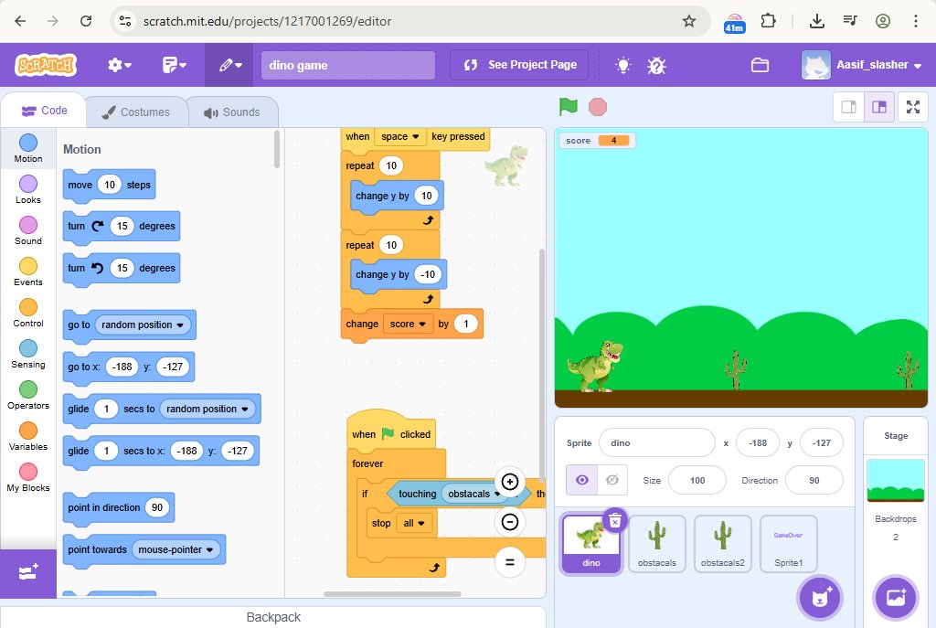 Aasifbhai408's tweet image. &quot;Big update to my dino game today—and that annoying bug is gone! 🦖🔥&quot; on scratch
@Saipujariprasad 
@lfp_Tardeo 
@apnipathshala_ 
#scratchprojects