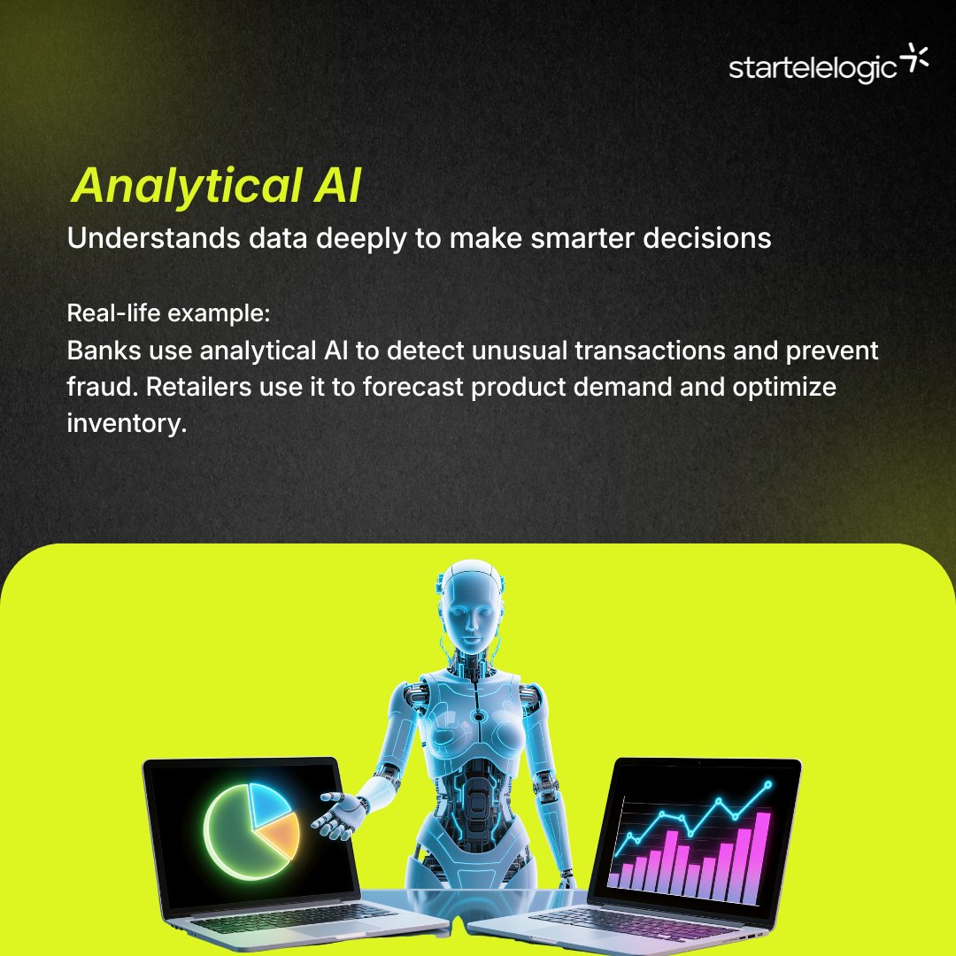 StarTeleLogic's tweet image. We hear “AI” everywhere, but it actually comes in different forms.

Some help us analyze, some predict, some create, and some simply support us. Here’s a clear and human-friendly look at the main types of AI.
Swipe to explore 👇

#startelelogic #AI #AIDevelopment #GenAI