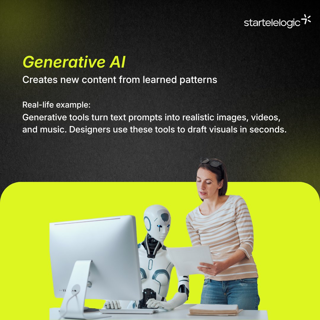 StarTeleLogic's tweet image. We hear “AI” everywhere, but it actually comes in different forms.

Some help us analyze, some predict, some create, and some simply support us. Here’s a clear and human-friendly look at the main types of AI.
Swipe to explore 👇

#startelelogic #AI #AIDevelopment #GenAI
