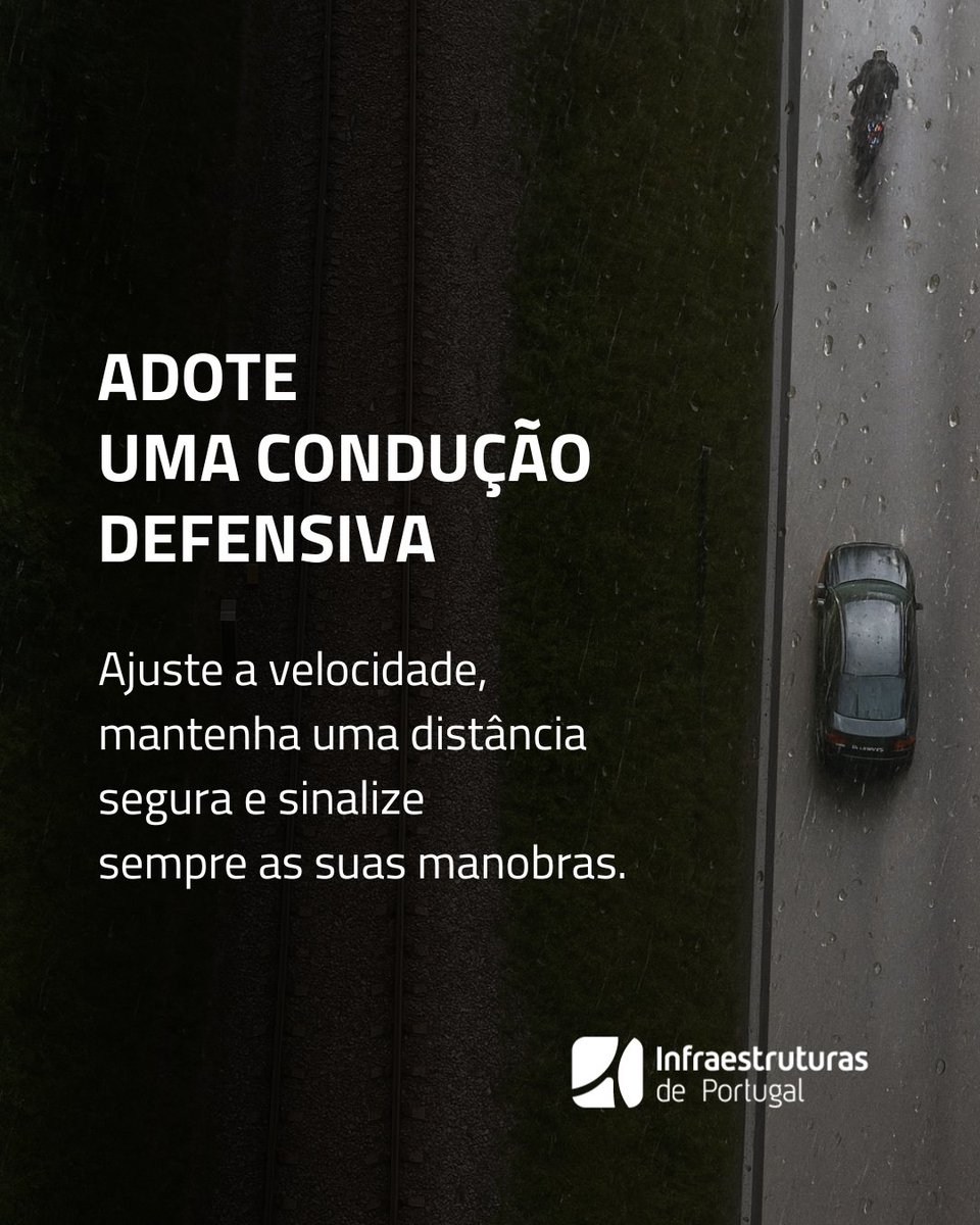 A condução em condições meteorológicas adversas exige mais atenção e responsabilidade. 🌧️

Ajuste a velocidade às condições da via, aumente a distância de segurança, evite manobras bruscas e sinalize sempre as suas intenções.

#InfraestruturasdePortugal
#MobilidadeSegura
#Rodovia