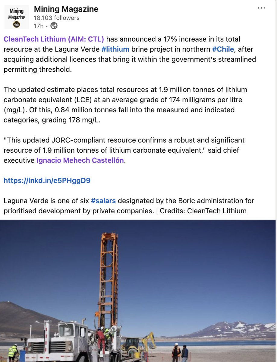 ctlithium's tweet image. Read about the Laguna Verde resource increase and CEOL progress in @MiningMagazine. 

&quot;The updated estimate places Laguna Verde among the advanced pre-development brine projects in #Chile&quot; 

🔗 miningmagazine.com/americas/news-… 

#EV #Battery #ESS #Resource #MiningStocks