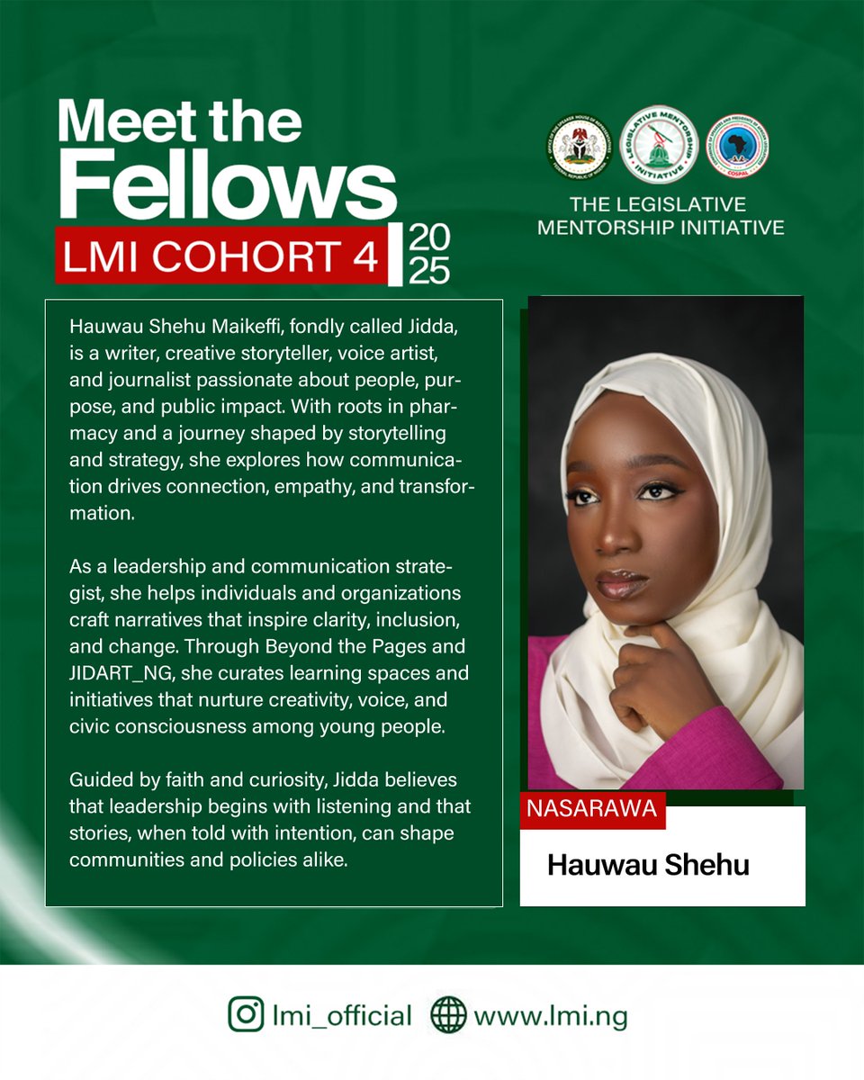 Officiallmi_Ng's tweet photo. Meet the FITs for the Legislative Mentorship Initiative, Cohort 4.
Mustapha Mohammed - Kebbi
Ameedat Abdulsalam - Kwara
Sanni Aminat - Lagos
Hauwau Shehu - Nasarawa
#LMI #CoSPAL #Cohort4 #LeadershipInAction #NationBuilding #FutureLeaders #GbajaFellows https://t.co/dpbMDZ6lf1