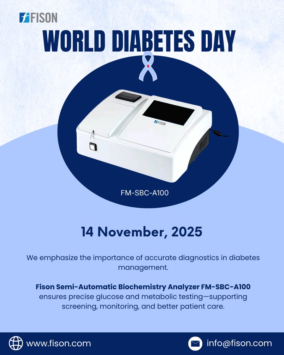 FisonLtd's tweet image. Fison Semi-Automatic Biochemistry Analyzer FM-SBC-A100 ensures precise biochemical analysis, supporting diabetes management and early detection on World Diabetes Day.

Email: info@fison.com 
Website: fison.com/semiautomatic-… 

#Fison #BiochemistryAnalyzer #WorldDiabetesDay