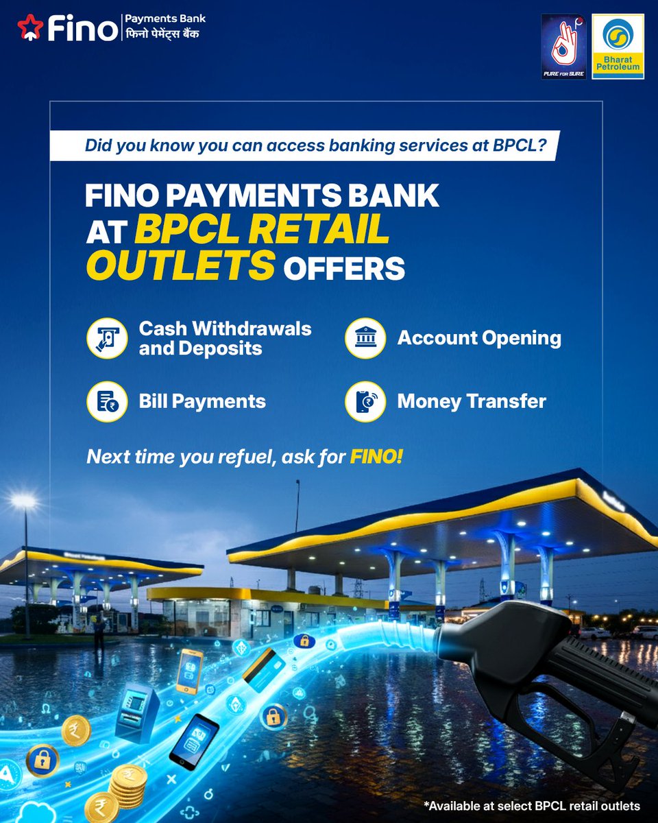 One stop. Multiple benefits. Maximum convenience. 🙌

Withdraw cash, deposit money, pay bills, open an account, or transfer funds - all while refueling at BPCL with <a href="/FinoPaymntsBank/">Fino Payments Bank</a>

#BPCLRetail #FinoPayments #BPCLFuel #easytransfers #convenience #fuelconvenience