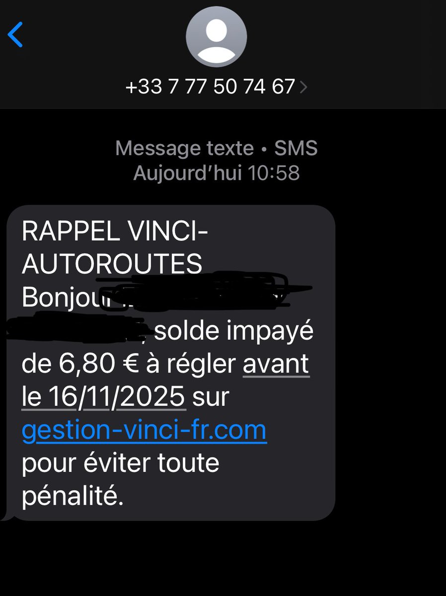 bbddpp's tweet image. ⁦@_SaxX_⁩  ⁦@bluetouff⁩ Nouveau piratage en cours Vinci autoroutes n’a JAMAIS votre numéro de téléphone  Sutout ne répondez jamais Envoyez au 33700 📱 Merci de RT pour ⁦@cybervictimes⁩ ⁦@CyberGEND⁩ @Anssi
