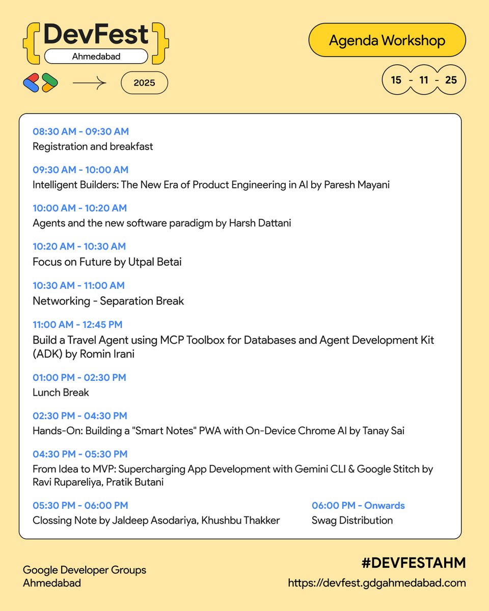 1 day until #DevFestAhm 2025! 

Agenda for TOMORROW is LIVE! Plan your day for inspiring sessions: AI/ML, Web, Mobile, &amp; Workshops. 

Schedule: devfest.gdgahmedabad.com/schedule

Register: allevents.in/ahmedabad/gdg-…

#GDGAhmedabad #DevFest2025 #GDG #Ahmedabad #TechEvent