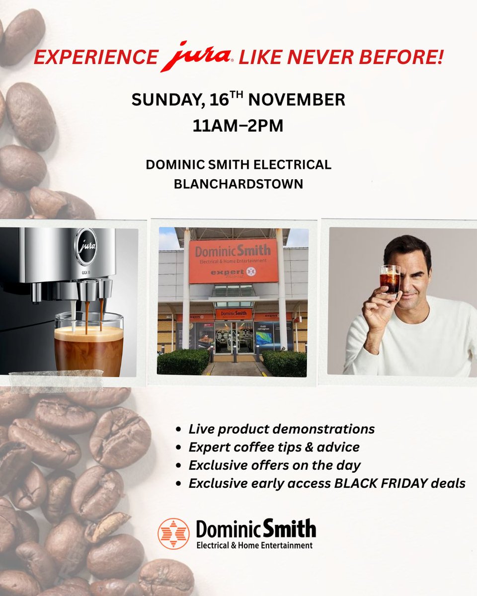 Join us this Sunday, 16th November in Blanchardstown from 11 a.m. to 2 p.m.

Our team will be in store with JURA offering live product demonstrations, expert coffee advice and access to exclusive offers including early Black Friday deals.

We look forward to seeing you there.