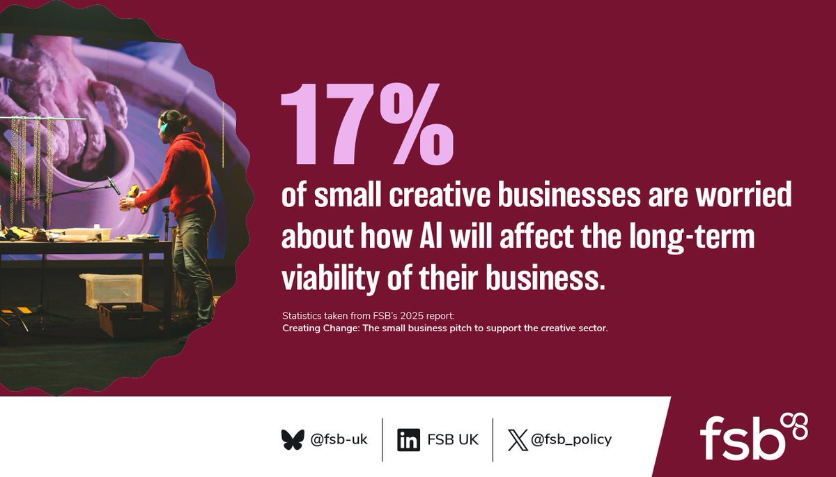fsb_policy's tweet image. 🚩 According to our new #CreatingChange report, 17% of small creative firms are worried about how AI will impact the long-term viability of their business.

Read the full report 👇

🔗 fsb.org.uk/resources/poli…