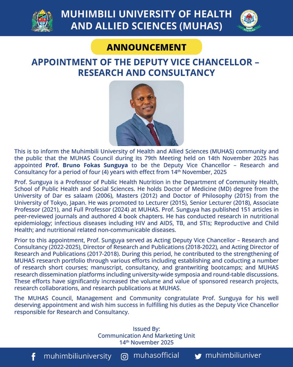 🎉👏👏Congratulations to Prof. Bruno F. Sunguya on his appointment as the Deputy Vice Chancellor – Research and Consultancy (DVC-RC), MUHAS.

Your leadership and dedication to advancing research excellence inspire the entire MUHAS community.

#MUHAS #Leadership