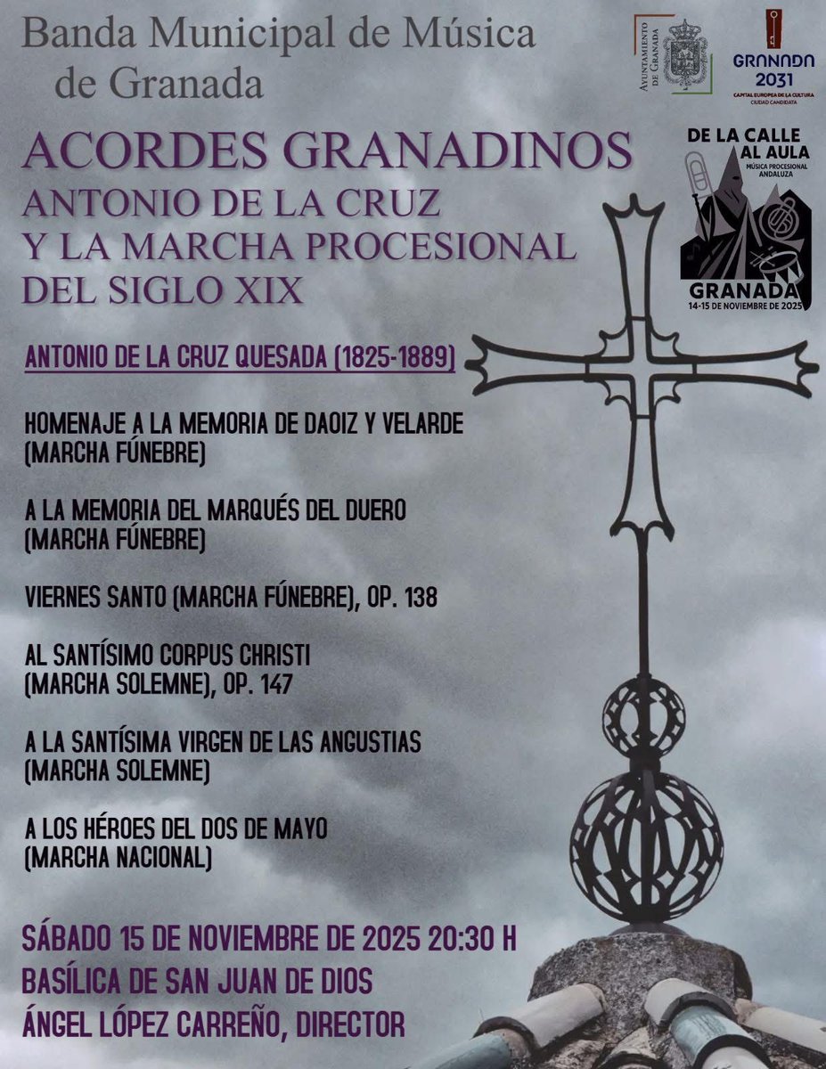 Hoy y mañana, el ciclo 'De la calle, al aula' <a href="/CulturaAND/">Cultura Junta de Andalucía</a> <a href="/Fedcofrgr/">Federación de Cofradías de Granada</a> <a href="/aytogr/">Ayuntamiento de Granada</a> <a href="/CECgranada/">Centro de Estudios Cofrades</a> 

🎶 Este sábado, concierto de Banda Municipal de Granada