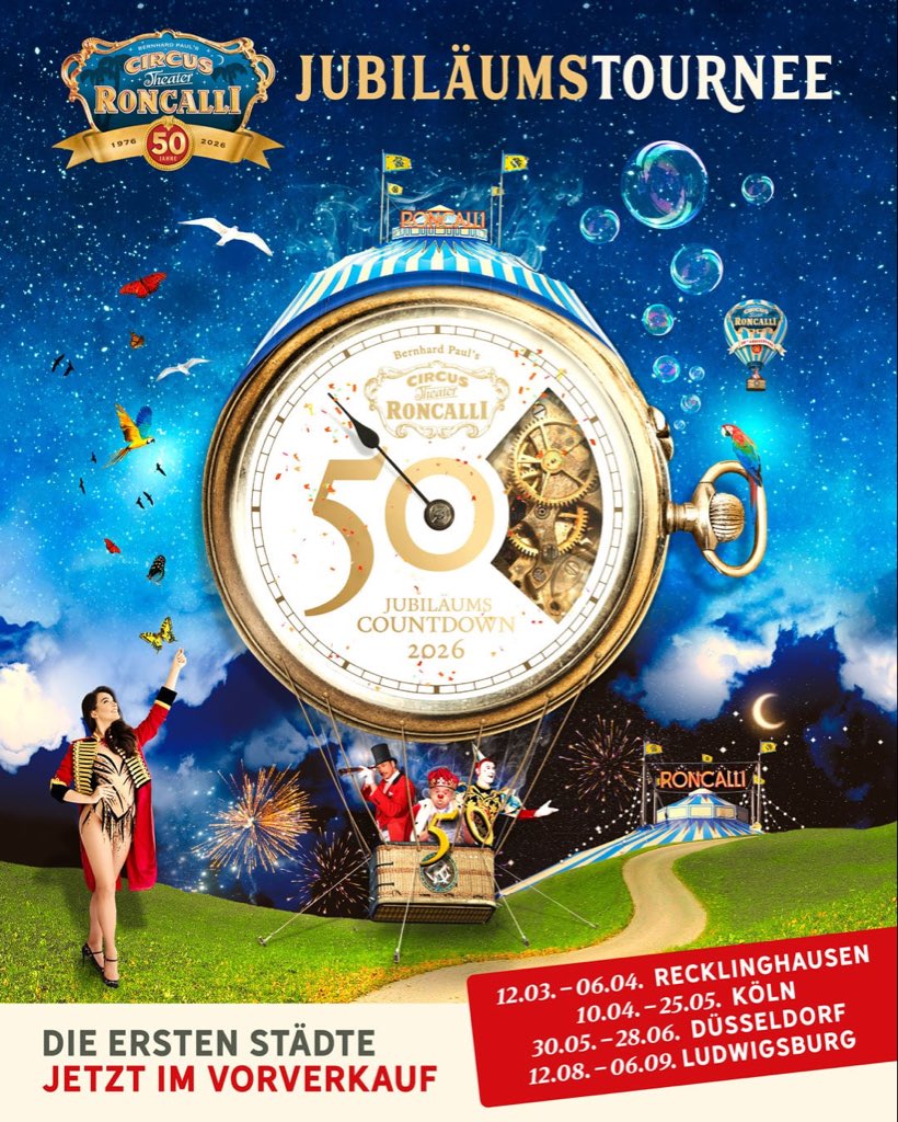 Manege frei! 🎪
Morgen startet der Vorverkauf 2026 für „50 Jahre Circus-Theater Roncalli“.
Sichert euch die besten Plätze – die Jubiläumstour öffnet die Tür in die Zukunft! ✨

#Roncalli #50JahreRoncalli #Vorverkauf2026 #ManegeFrei #CircusMagic #circusdream