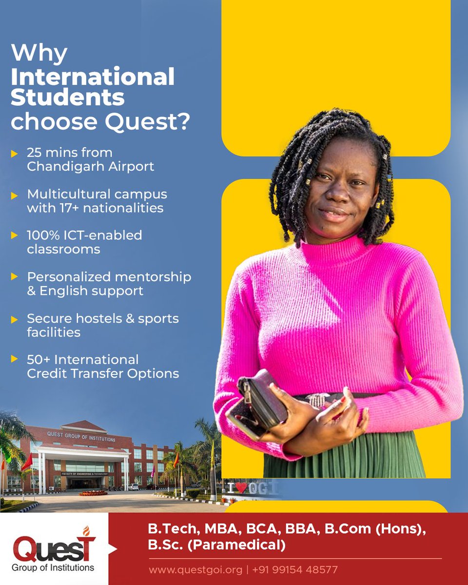 Study Abroad, Grow Globally — Only at Quest! 🚀
Join Quest and make your study-abroad journey smooth, safe, and full of opportunities! ✨

To know more,
🌐 Visit: questgoi.org
📞 Call: +91-9915448577

#QuestChandigarh #InternationalStudents #StudyInIndia