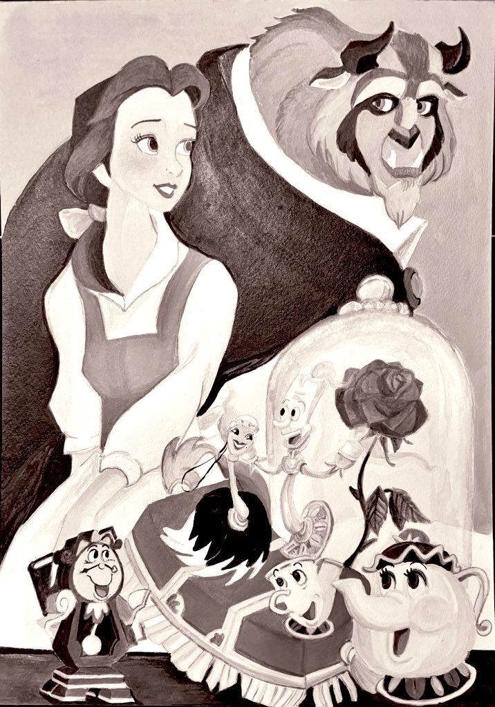 desert_pythom's tweet image. 美女と野獣
頼まれて描いたやつ
モノクロ調で秋冬ぽくね
#Disney #ディズニー　#美女と野獣　#BeautyAndTheBeast #ベル　#Belle 
#イラスト　#illustration #アクリル絵の具　#acrylic #paints