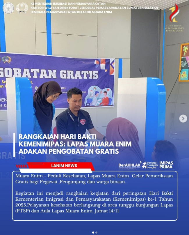 LPMuaraEnim's tweet photo. Rangkaian Hari Bakti Kemenimipas: Lapas Muara Enim Adakan Pengobatan Gratis https://t.co/L0yDyQFJ9B