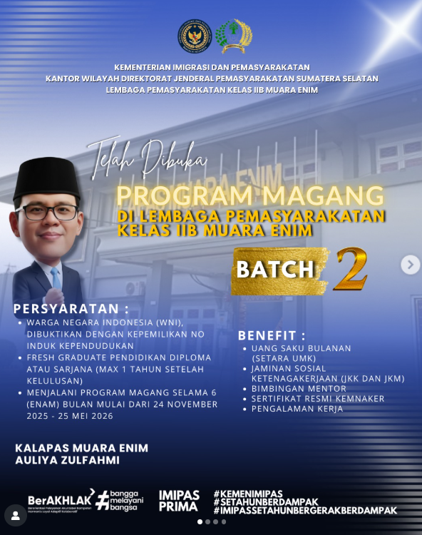 LPMuaraEnim's tweet photo. ✨Halo Kance Lanim✨

Kali ini Lembaga Pemasyarakatan Kelas IIB Muara Enim membuka kesempatan bagi masyarakat untuk mengikuti Program Magang dari Kementerian Ketenagakerjaan bekerjsama dengan Kementerian Imigrasi dan Pemasyarakatan. https://t.co/RXW9hogulN