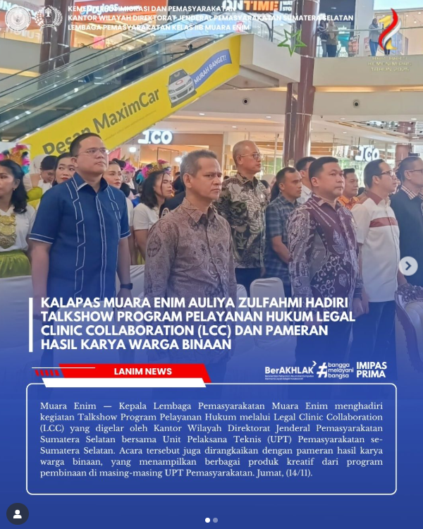 LPMuaraEnim's tweet photo. Kalapas Muara Enim Auliya Zulfahmi Hadiri Talkshow Program Pelayanan Hukum Legal Clinic Collaboration (LCC) dan Pameran Hasil Karya Warga Binaan https://t.co/n9O1fx1eqt
