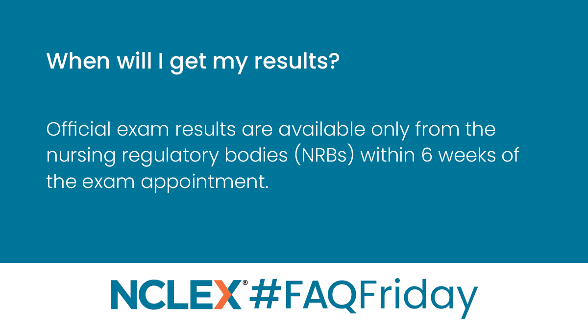 NCLEXInfo's tweet image. Q: When will I get my results?
A: Official exam results are available only from the nursing regulatory bodies (NRBs) within 6 weeks of the exam appointment.
#FAQFriday #NCLEXinfo