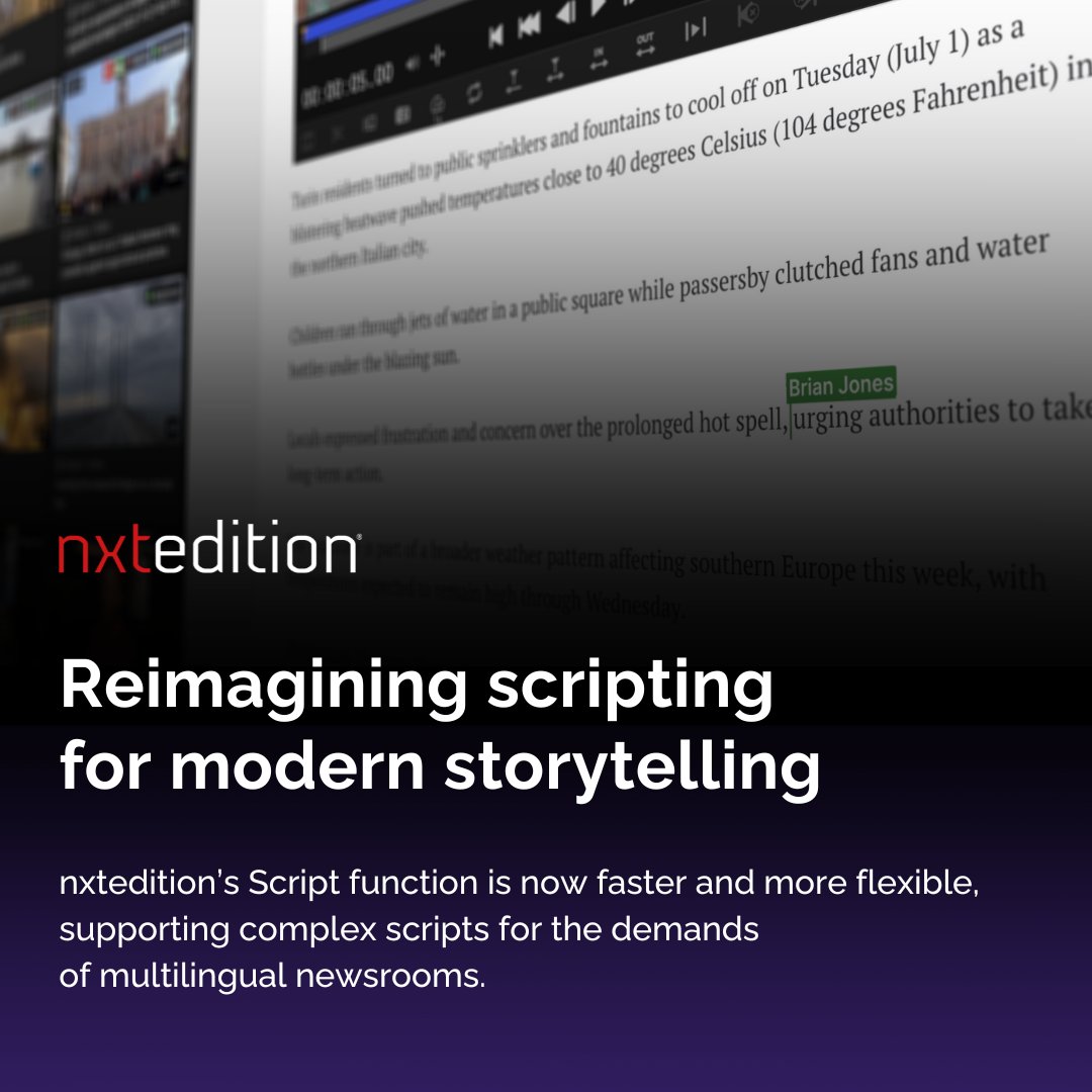 nxtedition's tweet image. At the heart of nxtedition is the Script function, the powerful text editor that brings stories to life.

Built for modern, multilingual newsrooms, it supports complex scripts used across Asia and the Middle East and handles rich text, emojis, and more.

👉bit.ly/3Mzv31J