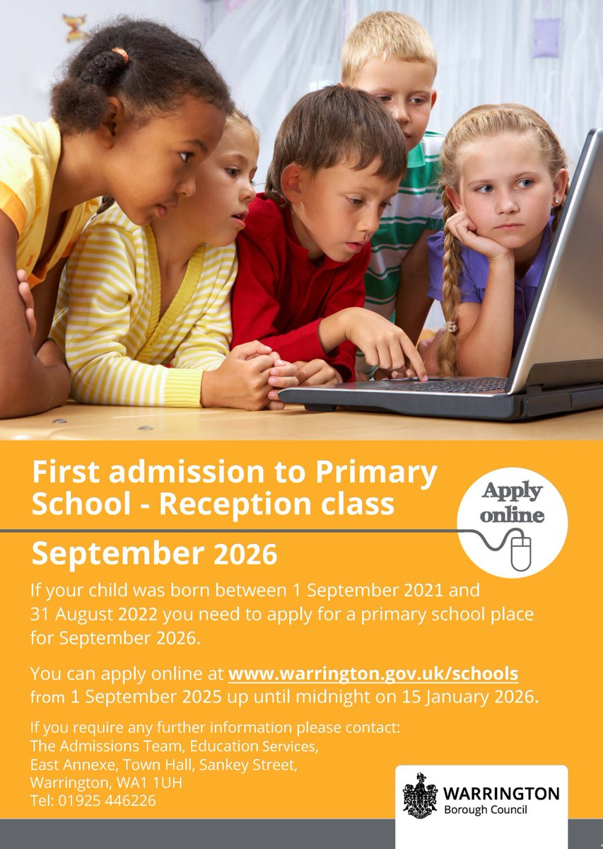 WarringtonBC's tweet image. 📢 Is your child starting school in September 2026?
If they were born between 1 Sept 2021 and 31 Aug 2022, you’ll need to apply for a primary school place.

✅ Applications open 1 Sept 2025 and close 15 Jan 2026.
Apply online: orlo.uk/sE4eH