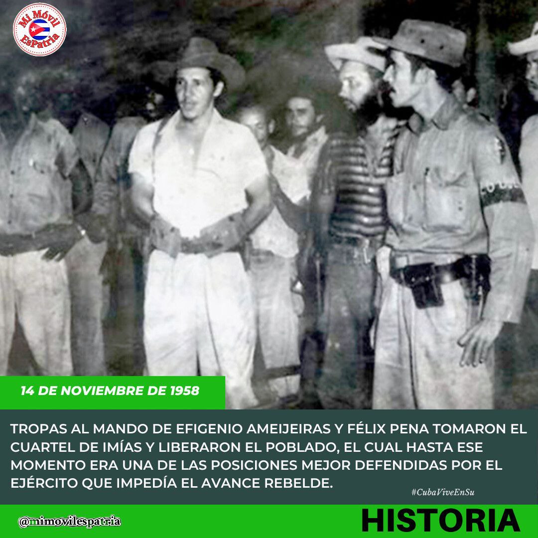 El 14 de noviembre de 1858 columnas del II Frente Oriental toman el cuartel de Imías, hecho que devino en cuestión de honor donde hubo derroche de valor y heroísmo. 
A 67 Años #CubaViveEnSuHistoria 
#MiMóvilEsPatria