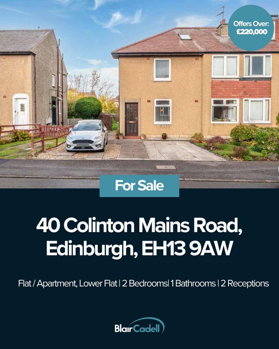 Introducing 40 Colinton Mains Road ✨

Key features include:

- Dining room
- Two double bedrooms
- Shower room fitted with two-piece suite
- Gas central heating and double glazing
- Off-street parking

See more 👉  blaircadell.com/property/40-co…