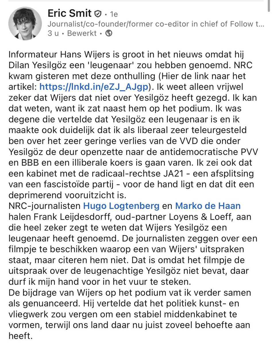 Journalist Eric Smit (op de foto naast Wijers): Wijers heeft Yesilgöz geen ‘leugenaar’ genoemd. Het betoog van Wijers was juist genuanceerd, schrijft hij op LinkedIn.